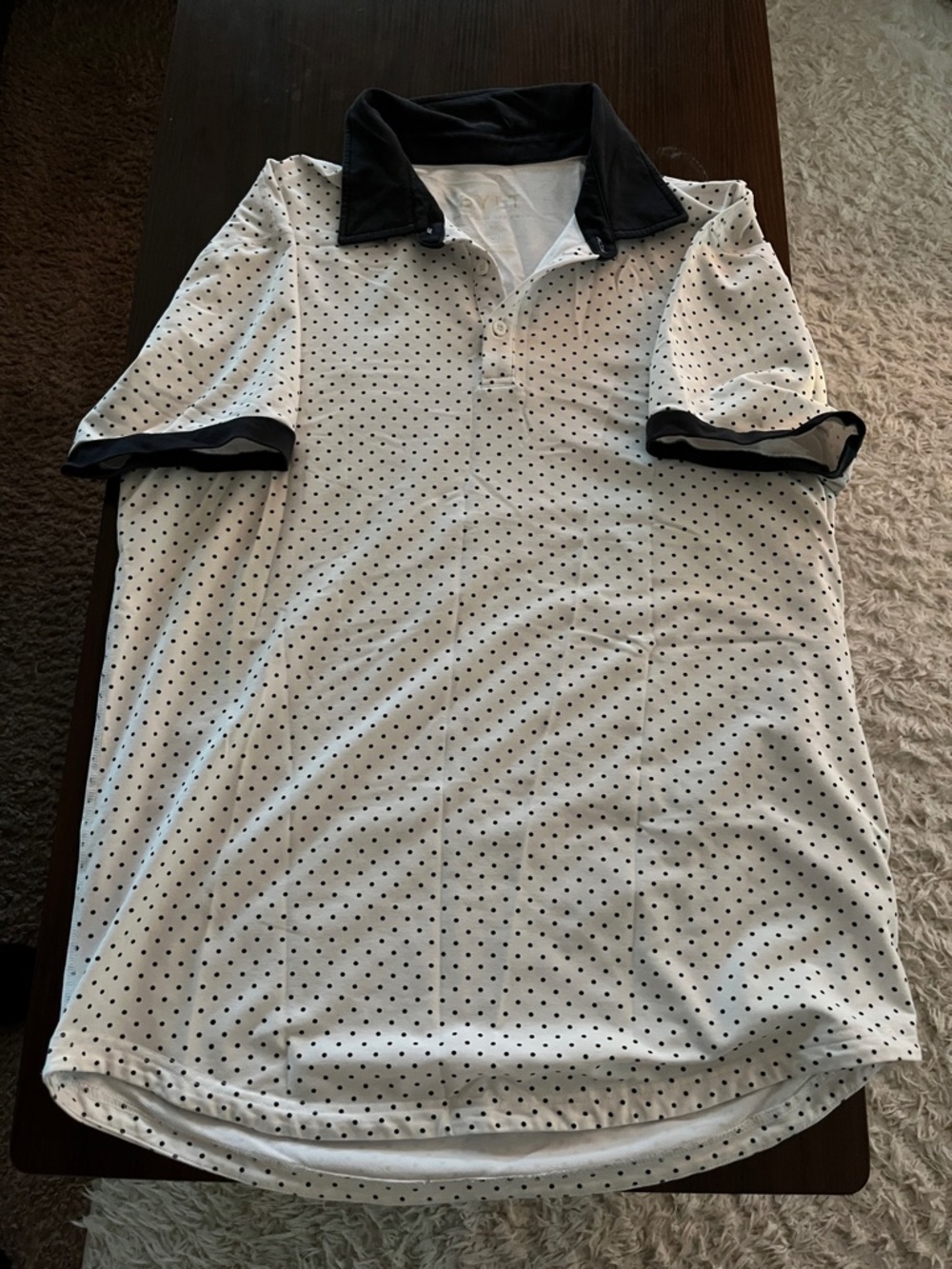 Men's White Polo Shirt with Black Collar and Polka Dots